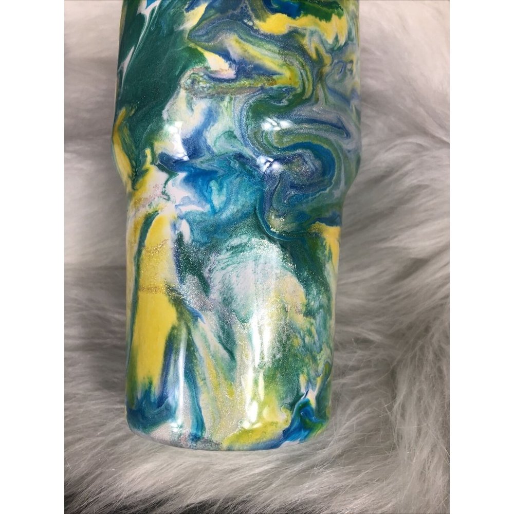 32 Ounce Tumbler Hand Painted Teal’s Blues Yellows Pearls & Glitter Lid Custom - Picture 13 of 16
